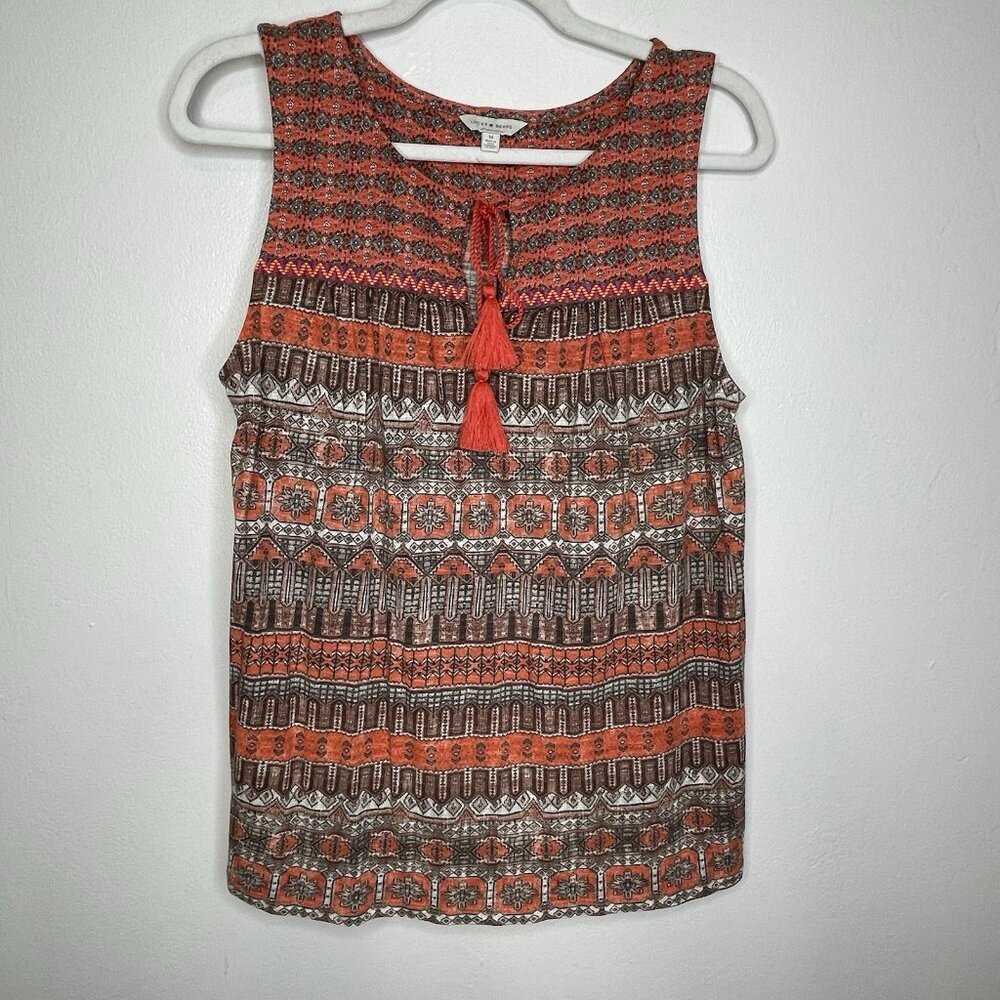 Lucky Brand Boho Top M Sleeveless V-Neck Cord Western Southwestern Tribal Orange - Picture 3 of 10